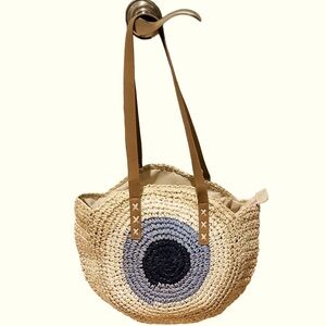 Evil Eye light ivory Crochet Beach Bag with faux leather handles